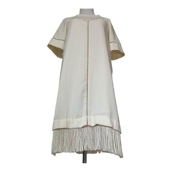 Zara Summer Mini Basic Ivory Eyelet Pullover Fringe Hem Boho Dress Size Small - Picture 3 of 12